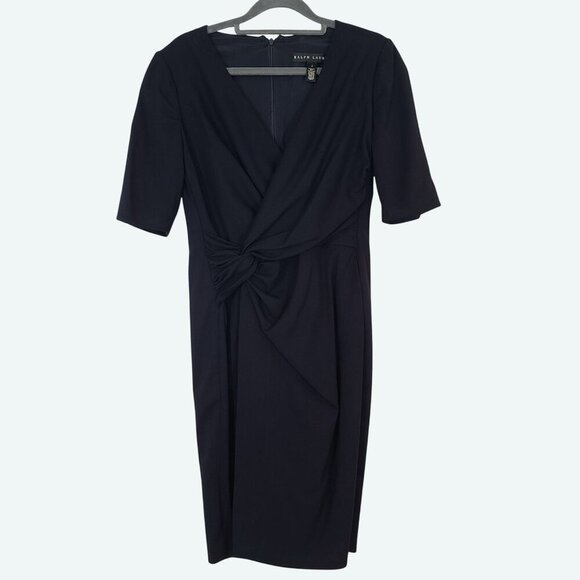 Ralph Lauren Black Label Faux Wrap‎ Gathered Waist Shift Dress Wool Navy Size 2 - Picture 1 of 8